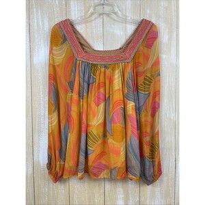 Bl^nk London Anthropologie Women's Tessa Orange Motif Size X-Small Puff Sleeve